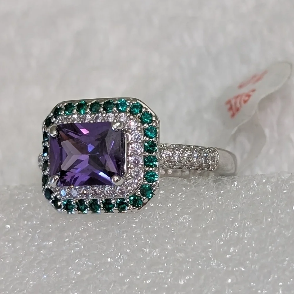 NWT Bomb Party LC Amethyst Emerald Sapphire Silver Plated Halo Style Sz 10 Ring